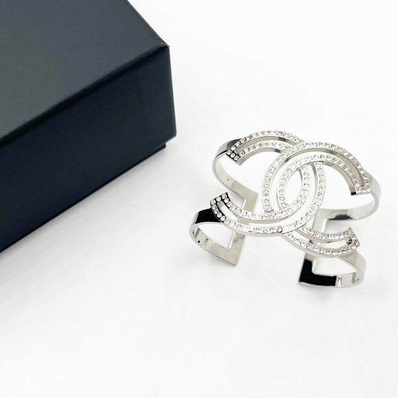 Chanel Classic Silver CC Square Round Crystal Cutout Double Cuff Bracelet - Picture 2 of 4
